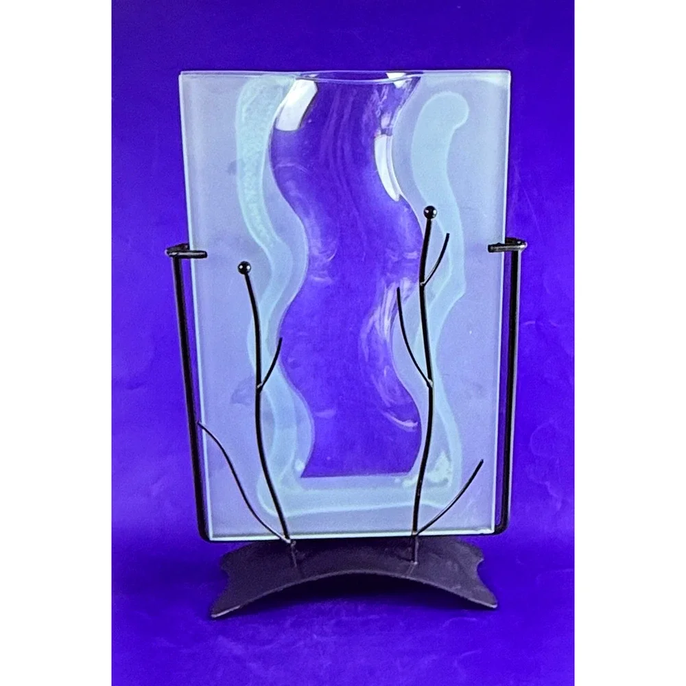 Modern Fused Art Glass Vase Frosted Wavy Clear Black Metal Stand Abstract 13.5